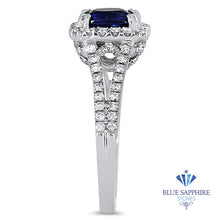Load image into Gallery viewer, 1.43ct Cushion Blue Sapphire Ring with Diamond Halo in 18K White Gold