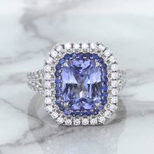 Load image into Gallery viewer, 4.33ct Radiant Cut Blue Sapphire Ring with Sapphire and Diamond Halos in 18K White Gold
