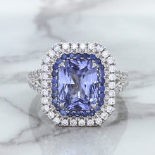 Load image into Gallery viewer, 4.33ct Radiant Cut Blue Sapphire Ring with Sapphire and Diamond Halos in 18K White Gold
