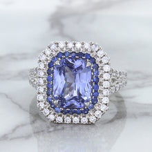 Load image into Gallery viewer, 4.33ct Radiant Cut Blue Sapphire Ring with Sapphire and Diamond Halos in 18K White Gold