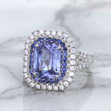 Load image into Gallery viewer, 4.33ct Radiant Cut Blue Sapphire Ring with Sapphire and Diamond Halos in 18K White Gold