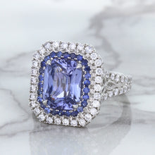 Load image into Gallery viewer, 4.33ct Radiant Cut Blue Sapphire Ring with Sapphire and Diamond Halos in 18K White Gold