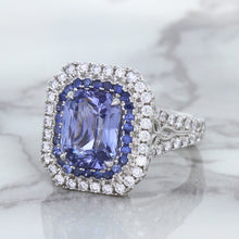 Load image into Gallery viewer, 4.33ct Radiant Cut Blue Sapphire Ring with Sapphire and Diamond Halos in 18K White Gold