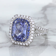 Load image into Gallery viewer, 4.33ct Radiant Cut Blue Sapphire Ring with Sapphire and Diamond Halos in 18K White Gold