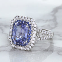 Load image into Gallery viewer, 4.33ct Radiant Cut Blue Sapphire Ring with Sapphire and Diamond Halos in 18K White Gold