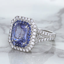Load image into Gallery viewer, 4.33ct Radiant Cut Blue Sapphire Ring with Sapphire and Diamond Halos in 18K White Gold
