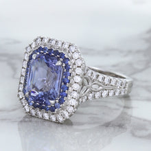 Load image into Gallery viewer, 4.33ct Radiant Cut Blue Sapphire Ring with Sapphire and Diamond Halos in 18K White Gold