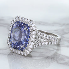 Load image into Gallery viewer, 4.33ct Radiant Cut Blue Sapphire Ring with Sapphire and Diamond Halos in 18K White Gold