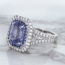 Load image into Gallery viewer, 4.33ct Radiant Cut Blue Sapphire Ring with Sapphire and Diamond Halos in 18K White Gold