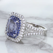 Load image into Gallery viewer, 4.33ct Radiant Cut Blue Sapphire Ring with Sapphire and Diamond Halos in 18K White Gold