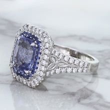 Load image into Gallery viewer, 4.33ct Radiant Cut Blue Sapphire Ring with Sapphire and Diamond Halos in 18K White Gold