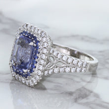 Load image into Gallery viewer, 4.33ct Radiant Cut Blue Sapphire Ring with Sapphire and Diamond Halos in 18K White Gold