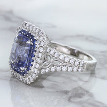 Load image into Gallery viewer, 4.33ct Radiant Cut Blue Sapphire Ring with Sapphire and Diamond Halos in 18K White Gold