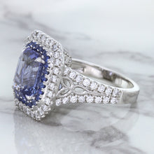 Load image into Gallery viewer, 4.33ct Radiant Cut Blue Sapphire Ring with Sapphire and Diamond Halos in 18K White Gold