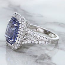 Load image into Gallery viewer, 4.33ct Radiant Cut Blue Sapphire Ring with Sapphire and Diamond Halos in 18K White Gold