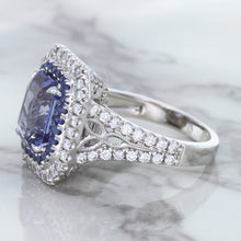 Load image into Gallery viewer, 4.33ct Radiant Cut Blue Sapphire Ring with Sapphire and Diamond Halos in 18K White Gold