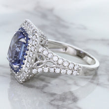 Load image into Gallery viewer, 4.33ct Radiant Cut Blue Sapphire Ring with Sapphire and Diamond Halos in 18K White Gold