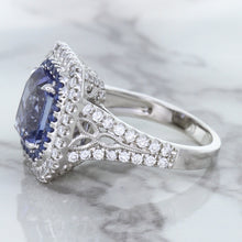 Load image into Gallery viewer, 4.33ct Radiant Cut Blue Sapphire Ring with Sapphire and Diamond Halos in 18K White Gold