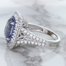 Load image into Gallery viewer, 4.33ct Radiant Cut Blue Sapphire Ring with Sapphire and Diamond Halos in 18K White Gold
