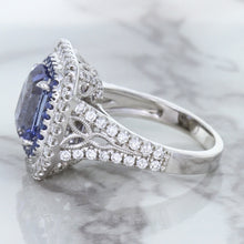 Load image into Gallery viewer, 4.33ct Radiant Cut Blue Sapphire Ring with Sapphire and Diamond Halos in 18K White Gold