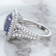 Load image into Gallery viewer, 4.33ct Radiant Cut Blue Sapphire Ring with Sapphire and Diamond Halos in 18K White Gold