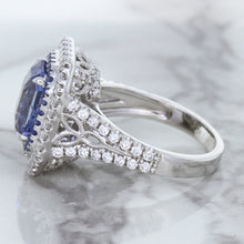 Load image into Gallery viewer, 4.33ct Radiant Cut Blue Sapphire Ring with Sapphire and Diamond Halos in 18K White Gold