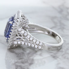 Load image into Gallery viewer, 4.33ct Radiant Cut Blue Sapphire Ring with Sapphire and Diamond Halos in 18K White Gold
