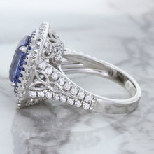 Load image into Gallery viewer, 4.33ct Radiant Cut Blue Sapphire Ring with Sapphire and Diamond Halos in 18K White Gold