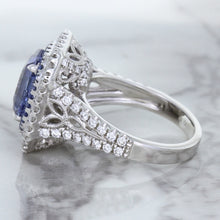 Load image into Gallery viewer, 4.33ct Radiant Cut Blue Sapphire Ring with Sapphire and Diamond Halos in 18K White Gold