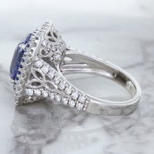 Load image into Gallery viewer, 4.33ct Radiant Cut Blue Sapphire Ring with Sapphire and Diamond Halos in 18K White Gold