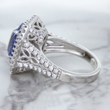 Load image into Gallery viewer, 4.33ct Radiant Cut Blue Sapphire Ring with Sapphire and Diamond Halos in 18K White Gold