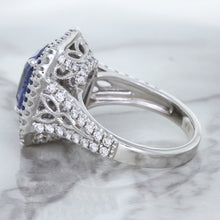 Load image into Gallery viewer, 4.33ct Radiant Cut Blue Sapphire Ring with Sapphire and Diamond Halos in 18K White Gold