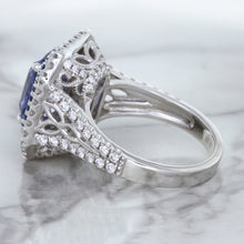 Load image into Gallery viewer, 4.33ct Radiant Cut Blue Sapphire Ring with Sapphire and Diamond Halos in 18K White Gold