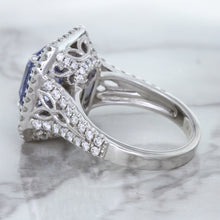 Load image into Gallery viewer, 4.33ct Radiant Cut Blue Sapphire Ring with Sapphire and Diamond Halos in 18K White Gold