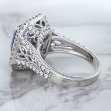 Load image into Gallery viewer, 4.33ct Radiant Cut Blue Sapphire Ring with Sapphire and Diamond Halos in 18K White Gold