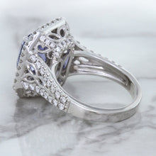 Load image into Gallery viewer, 4.33ct Radiant Cut Blue Sapphire Ring with Sapphire and Diamond Halos in 18K White Gold