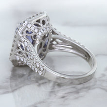Load image into Gallery viewer, 4.33ct Radiant Cut Blue Sapphire Ring with Sapphire and Diamond Halos in 18K White Gold