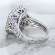 Load image into Gallery viewer, 4.33ct Radiant Cut Blue Sapphire Ring with Sapphire and Diamond Halos in 18K White Gold