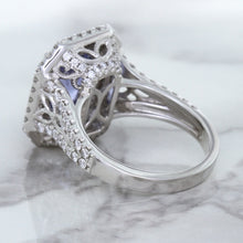 Load image into Gallery viewer, 4.33ct Radiant Cut Blue Sapphire Ring with Sapphire and Diamond Halos in 18K White Gold