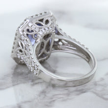 Load image into Gallery viewer, 4.33ct Radiant Cut Blue Sapphire Ring with Sapphire and Diamond Halos in 18K White Gold