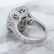 Load image into Gallery viewer, 4.33ct Radiant Cut Blue Sapphire Ring with Sapphire and Diamond Halos in 18K White Gold