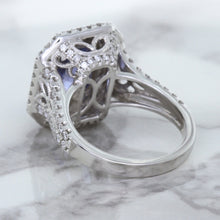 Load image into Gallery viewer, 4.33ct Radiant Cut Blue Sapphire Ring with Sapphire and Diamond Halos in 18K White Gold