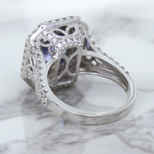 Load image into Gallery viewer, 4.33ct Radiant Cut Blue Sapphire Ring with Sapphire and Diamond Halos in 18K White Gold