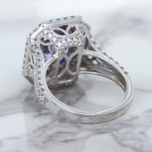 Load image into Gallery viewer, 4.33ct Radiant Cut Blue Sapphire Ring with Sapphire and Diamond Halos in 18K White Gold