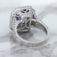 Load image into Gallery viewer, 4.33ct Radiant Cut Blue Sapphire Ring with Sapphire and Diamond Halos in 18K White Gold