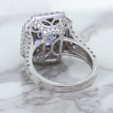 Load image into Gallery viewer, 4.33ct Radiant Cut Blue Sapphire Ring with Sapphire and Diamond Halos in 18K White Gold