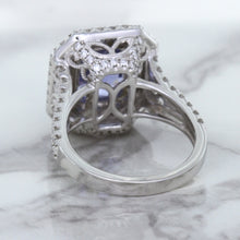 Load image into Gallery viewer, 4.33ct Radiant Cut Blue Sapphire Ring with Sapphire and Diamond Halos in 18K White Gold