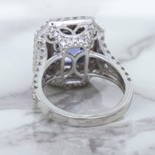 Load image into Gallery viewer, 4.33ct Radiant Cut Blue Sapphire Ring with Sapphire and Diamond Halos in 18K White Gold
