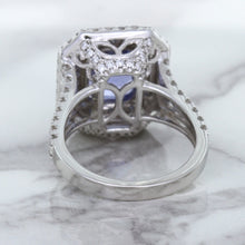 Load image into Gallery viewer, 4.33ct Radiant Cut Blue Sapphire Ring with Sapphire and Diamond Halos in 18K White Gold