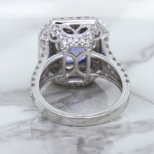 Load image into Gallery viewer, 4.33ct Radiant Cut Blue Sapphire Ring with Sapphire and Diamond Halos in 18K White Gold